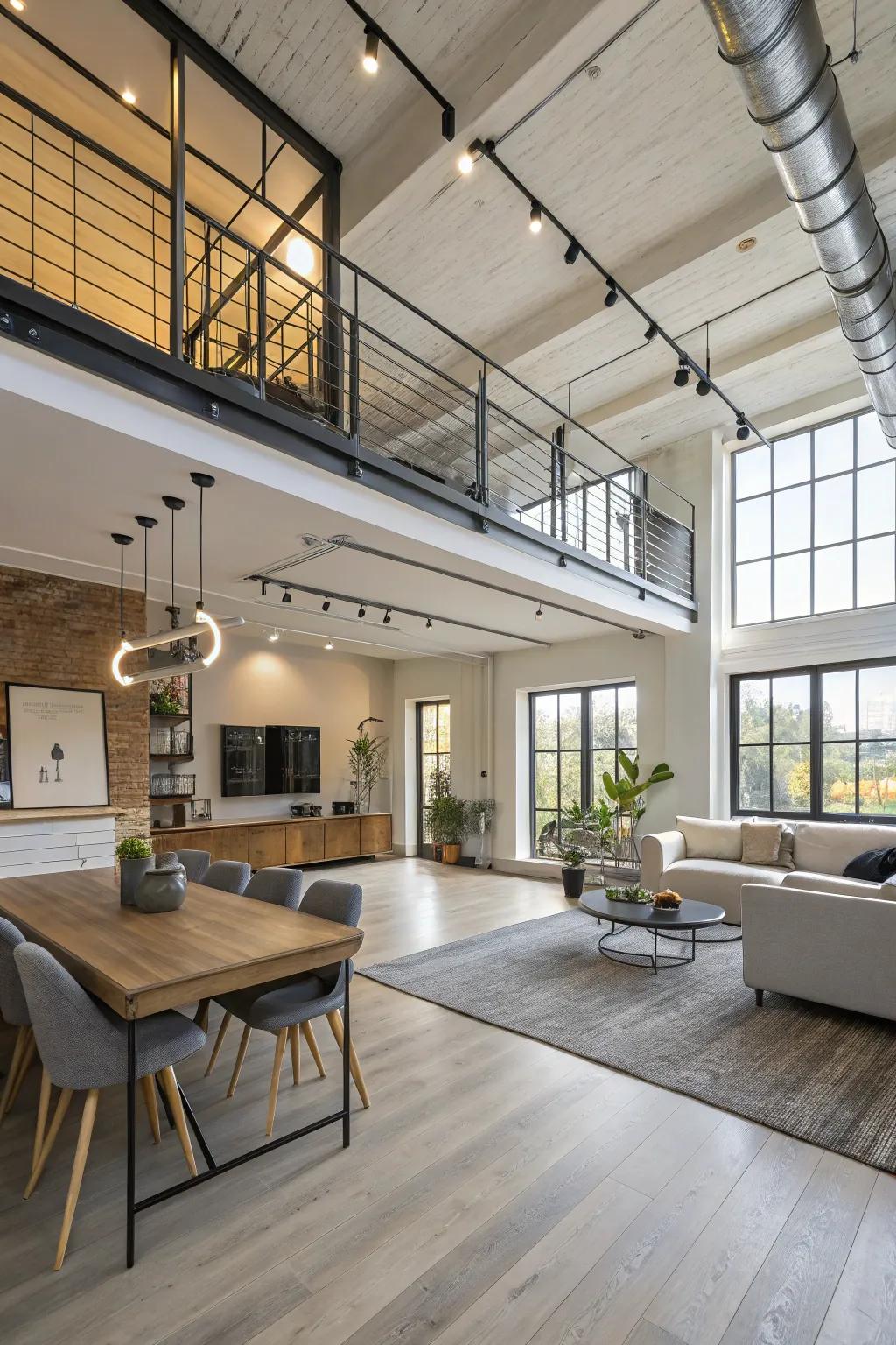 Track lighting defines the open living and dining spaces in a modern loft.