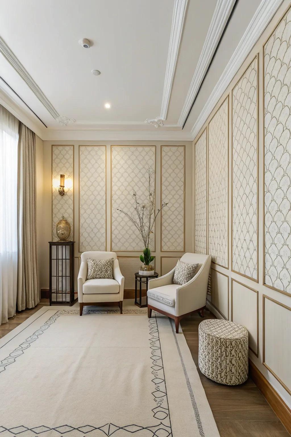 Understated line wall decor provides a subtle backdrop in an understated room.