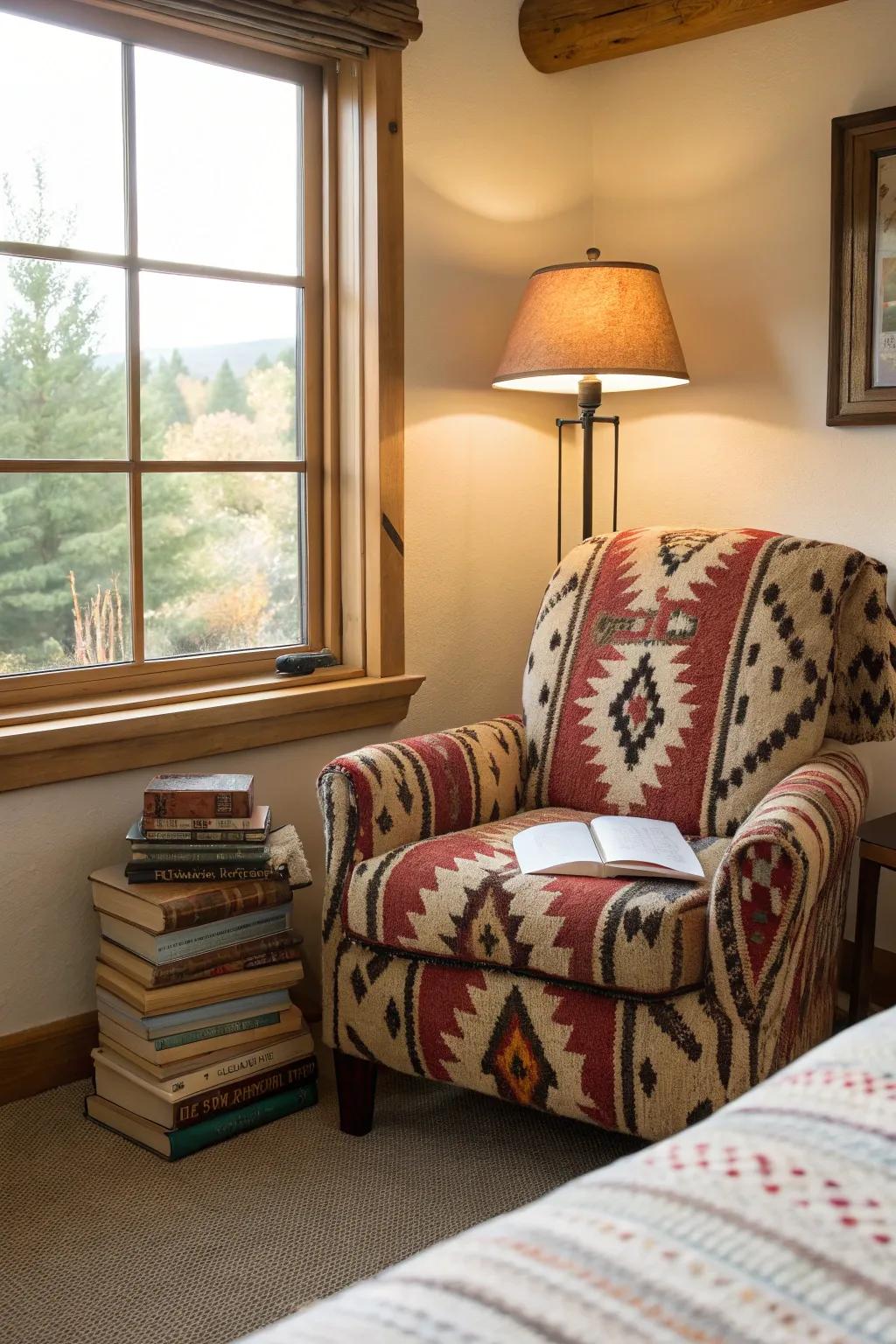 A cozy reading nook adds comfort and charm.