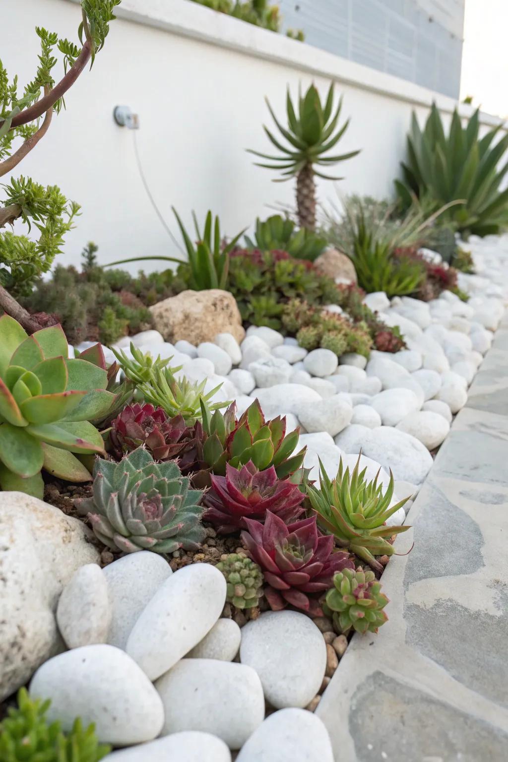 A charming succulent garden featuring pale stones, offering a low-maintenance and enchanting landscape.