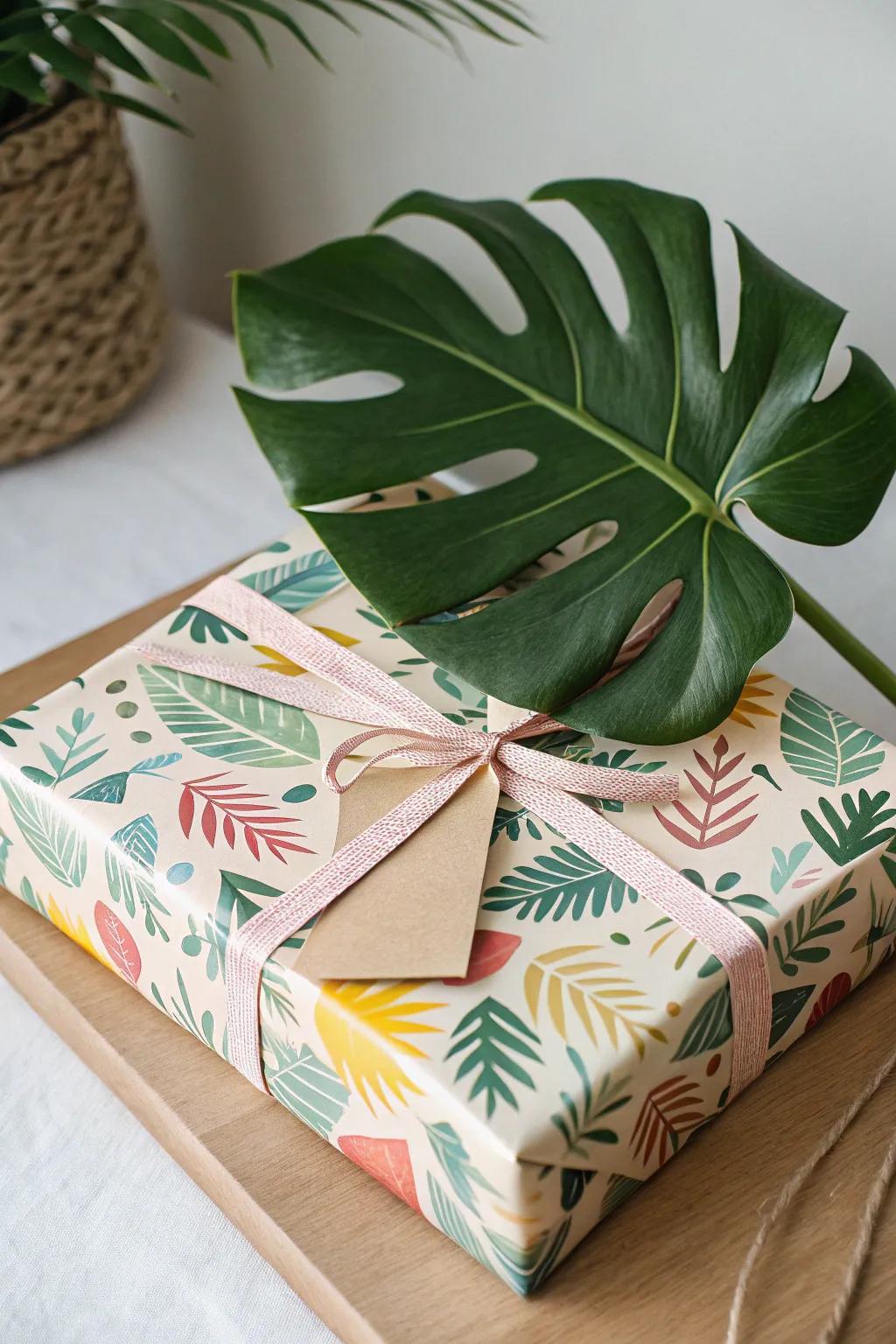 Eco-friendly gift wrap embellished with a monstera leaf.