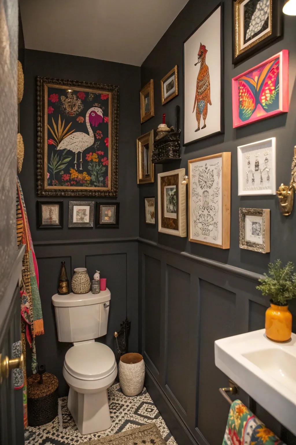 Eclectic artwork imparts personality and intrigue to subdued bathrooms.