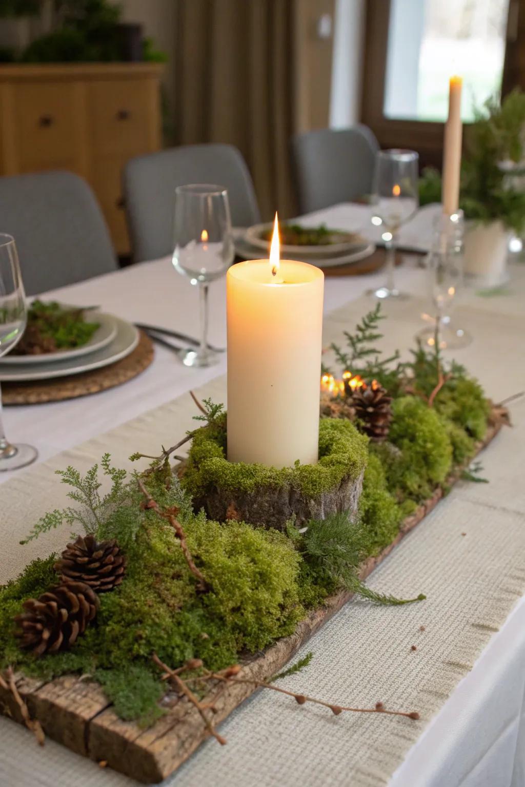 A snug candle centerpiece featuring a lavish moss foundation.