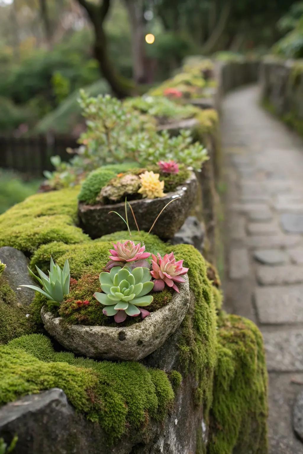 A creative utilization of moss stones adorned with vibrant planter pockets.