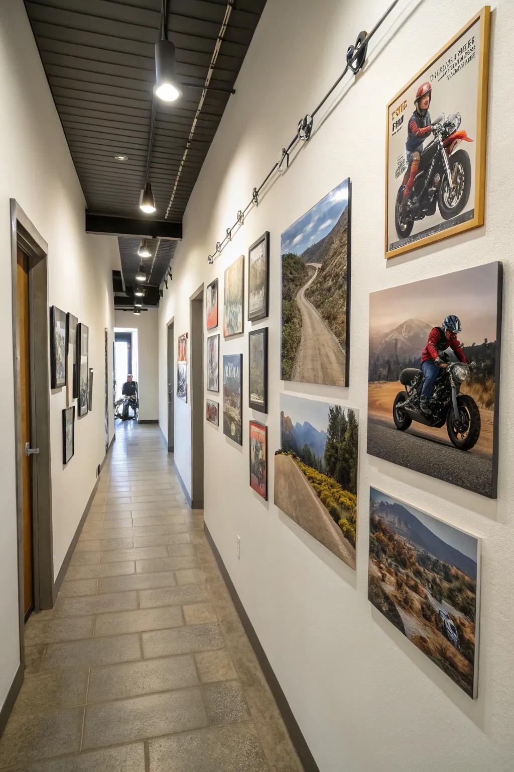 A gallery wall filled with motorbike-themed art.