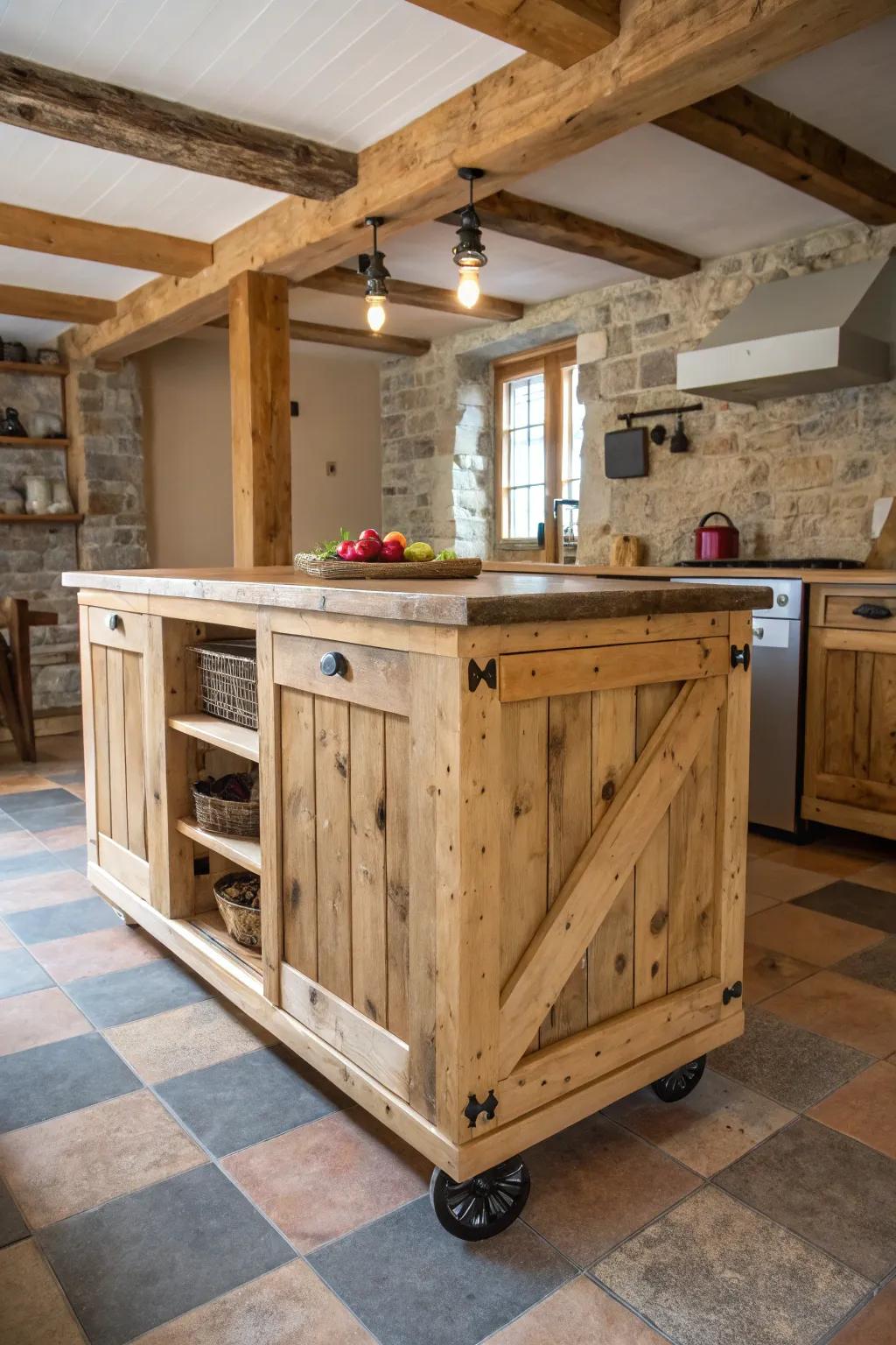 A charming kitchen island made from reclaimed wood