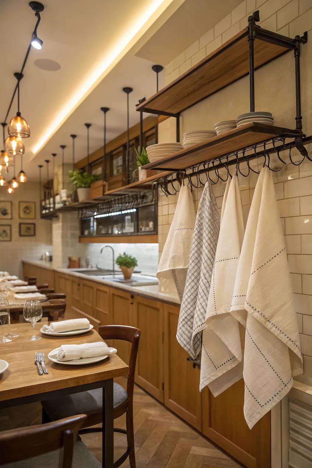 Overhanging racks offer a creative way to store napkins.