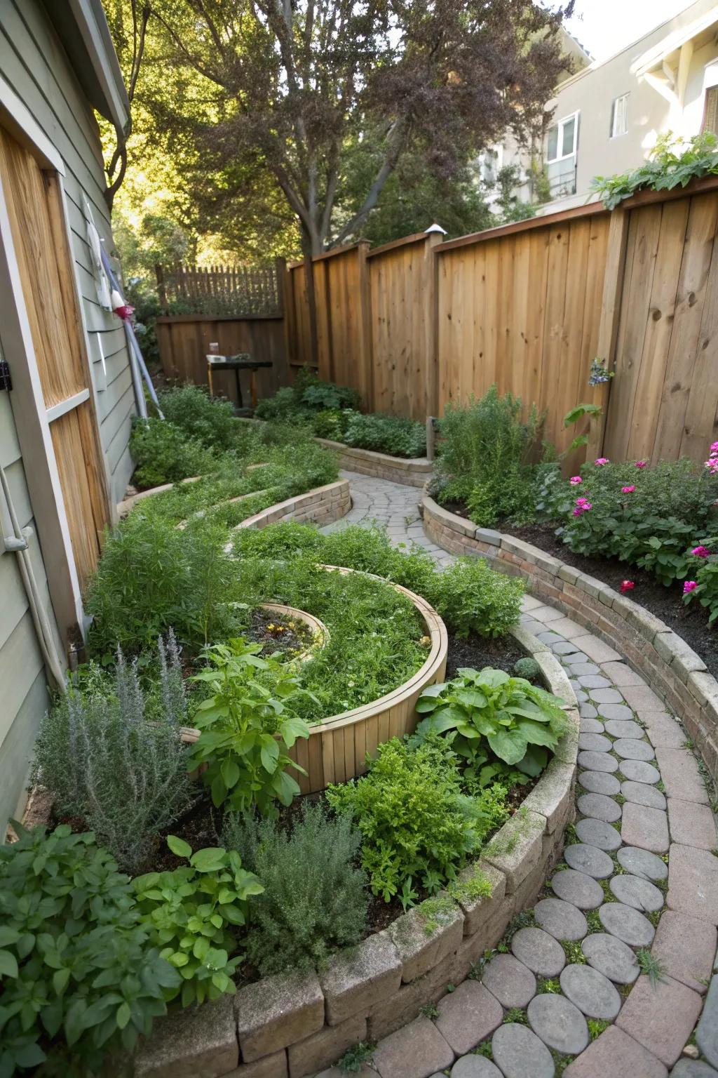 An herbaceous helix contributes vertical fascination and invigorating flavors to a slender garden.
