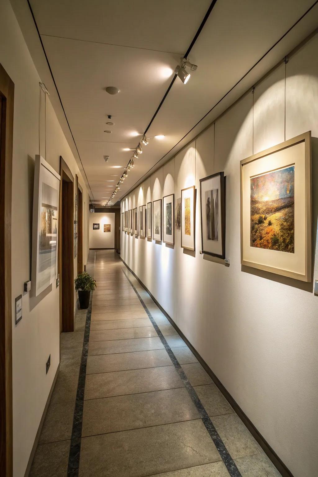Accent lighting can change a hallway into an art gallery.