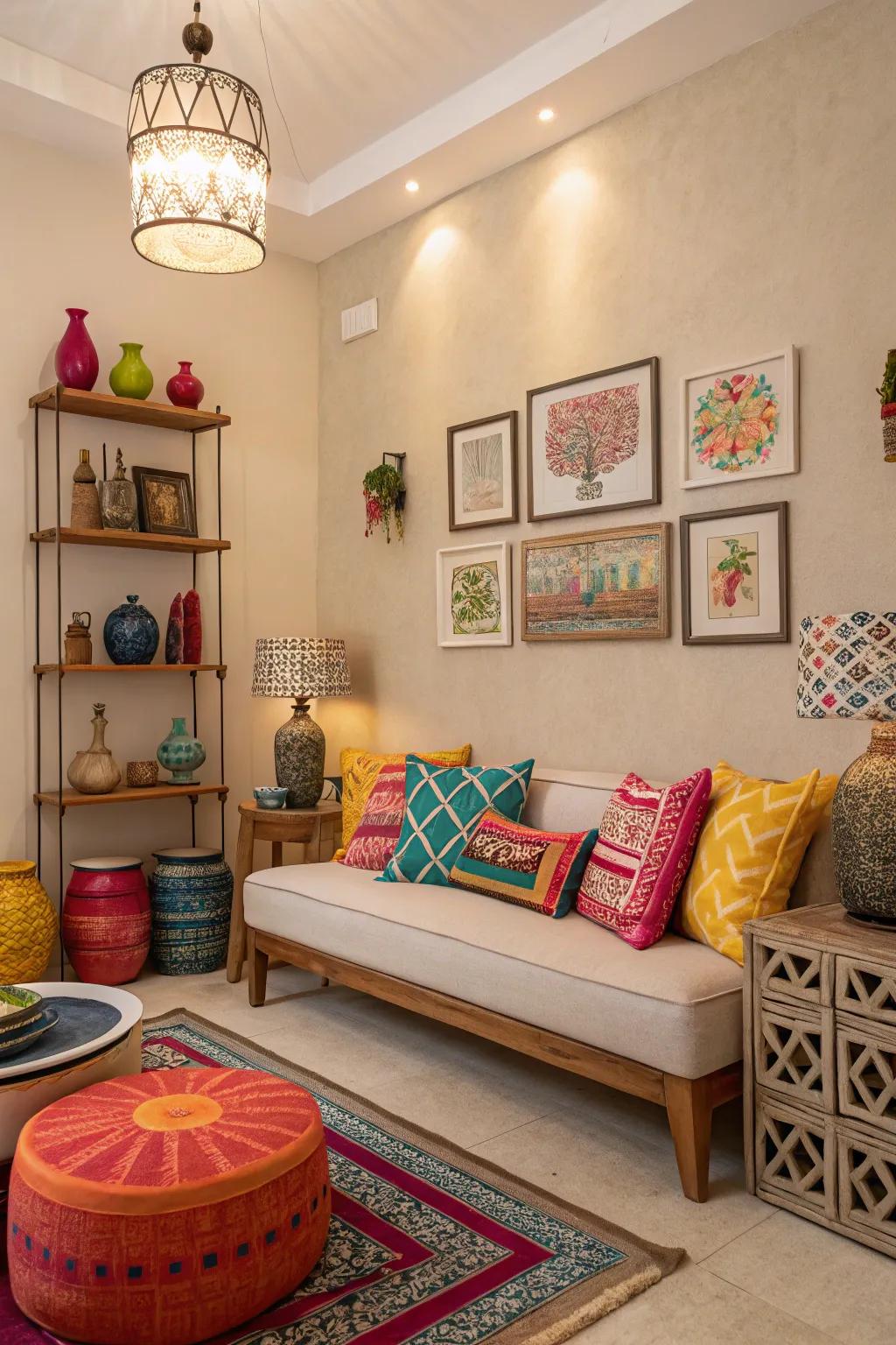 Colorful decor stand out against neutral walls.