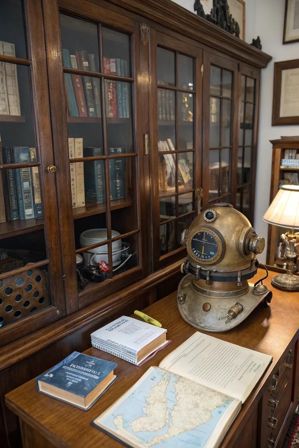 A classic diving helmet is a striking addition to any nautical decor collection.