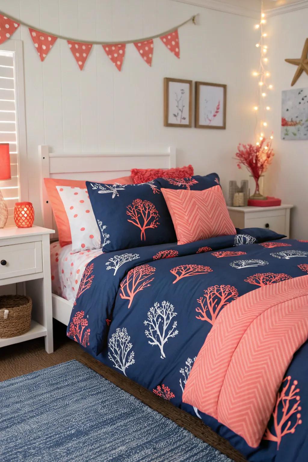 Pop navy bedding with lively coral accents.