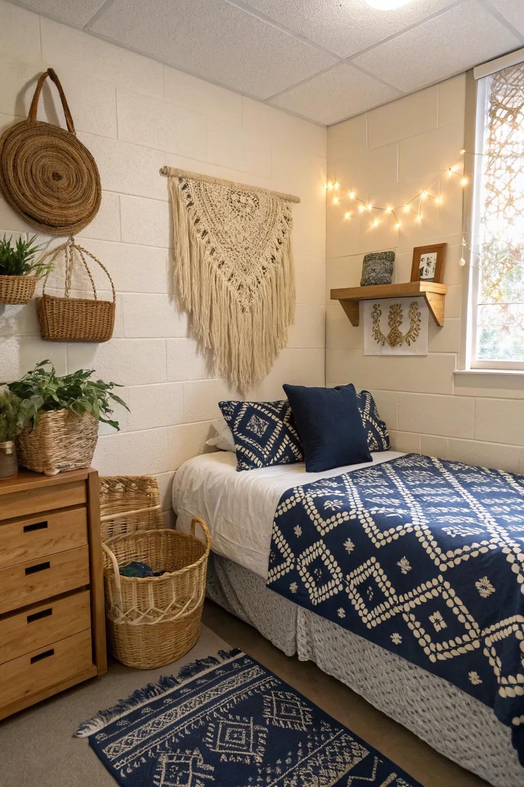 Bohemian touches introduce a relaxed vibe to your dorm room.