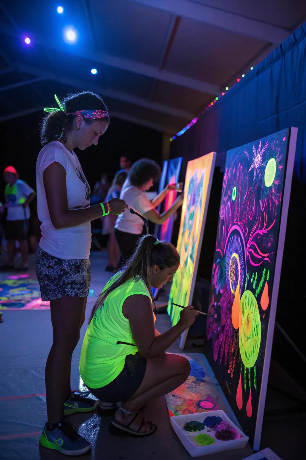 Visitors at a radiant coat celebration fashioning shimmering masterpieces, appending a creative alteration to the festivity.