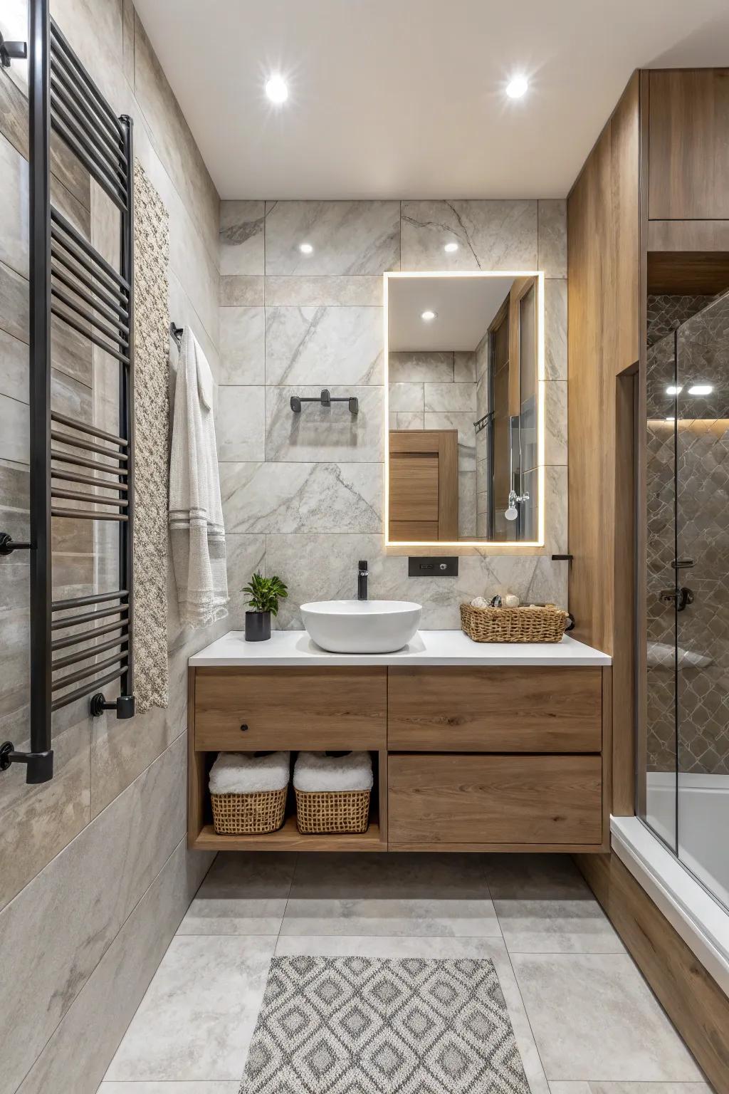 An assorted array of textures adds dimension to the neutral bathroom.