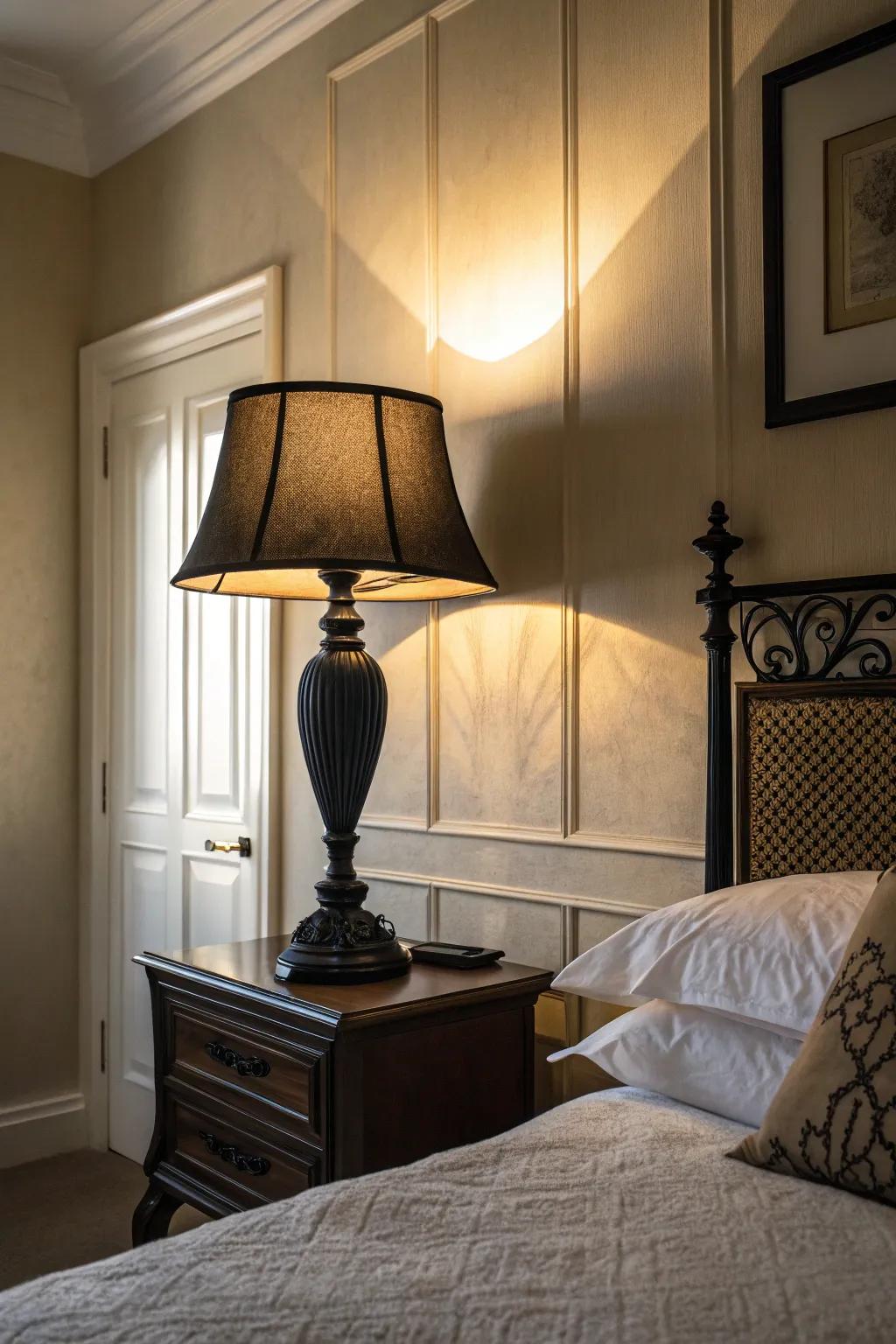 Lighting contrasts append dimension and vibrancy to the bedroom.