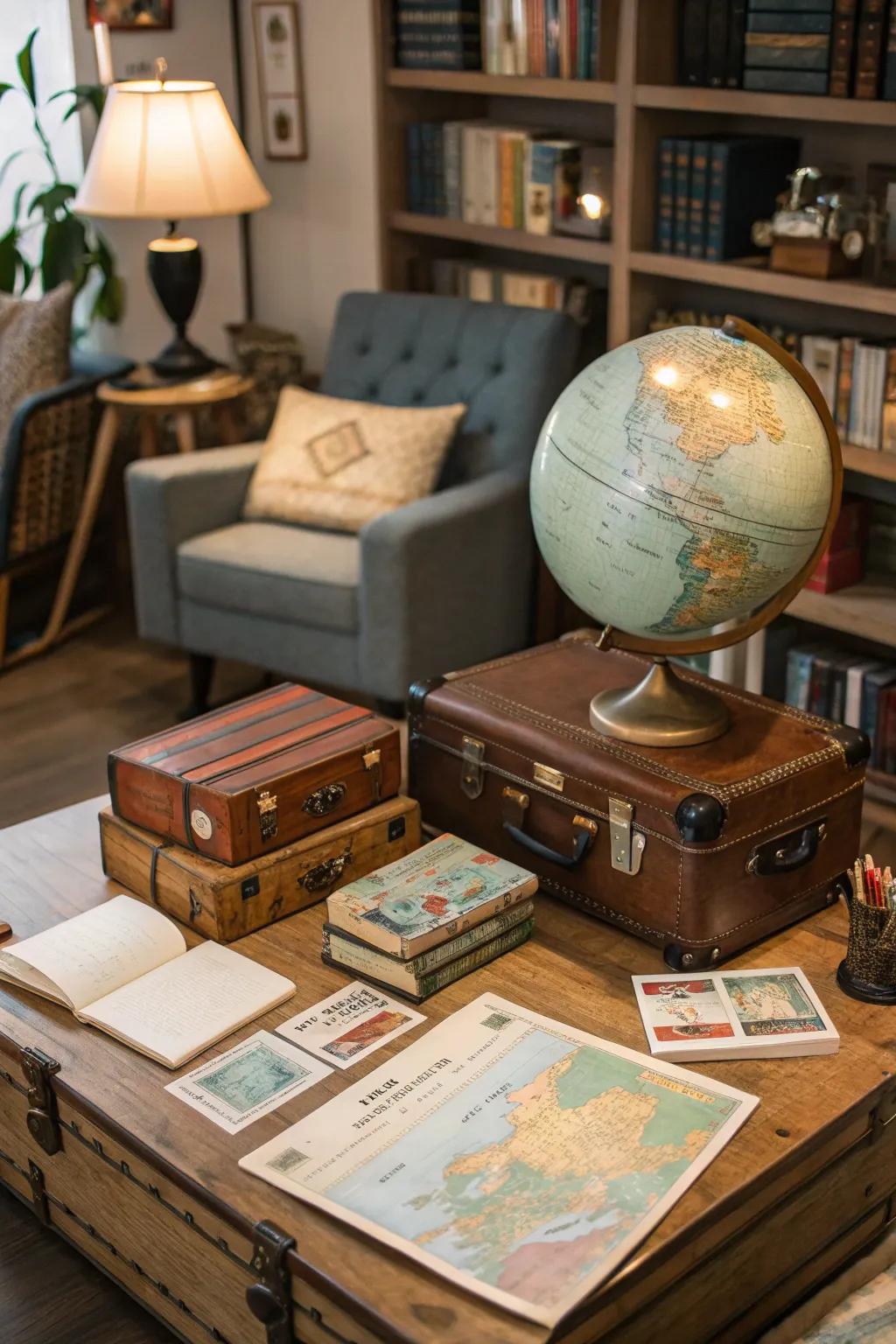Dream of adventures past and future in a travel-themed nook with vintage charm.