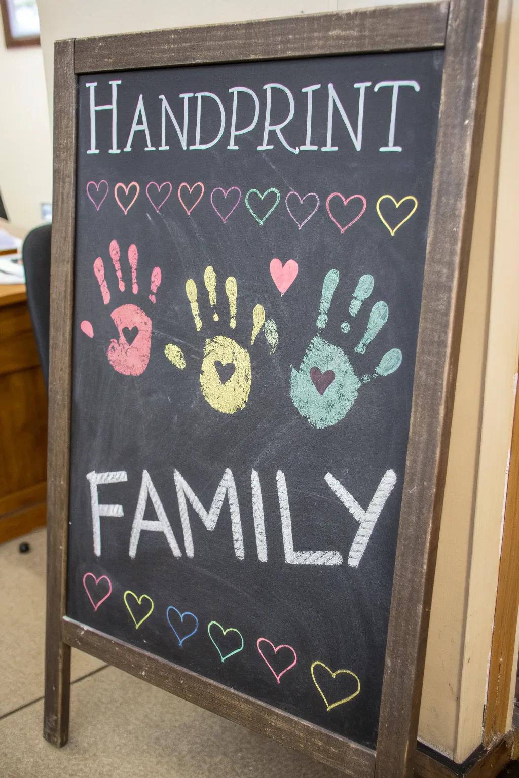 Family palm prints over a chalkboard, celebrating association and memories.