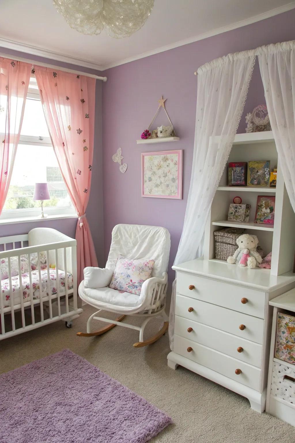 A dreamy baby room enhanced by tranquil violet shades.