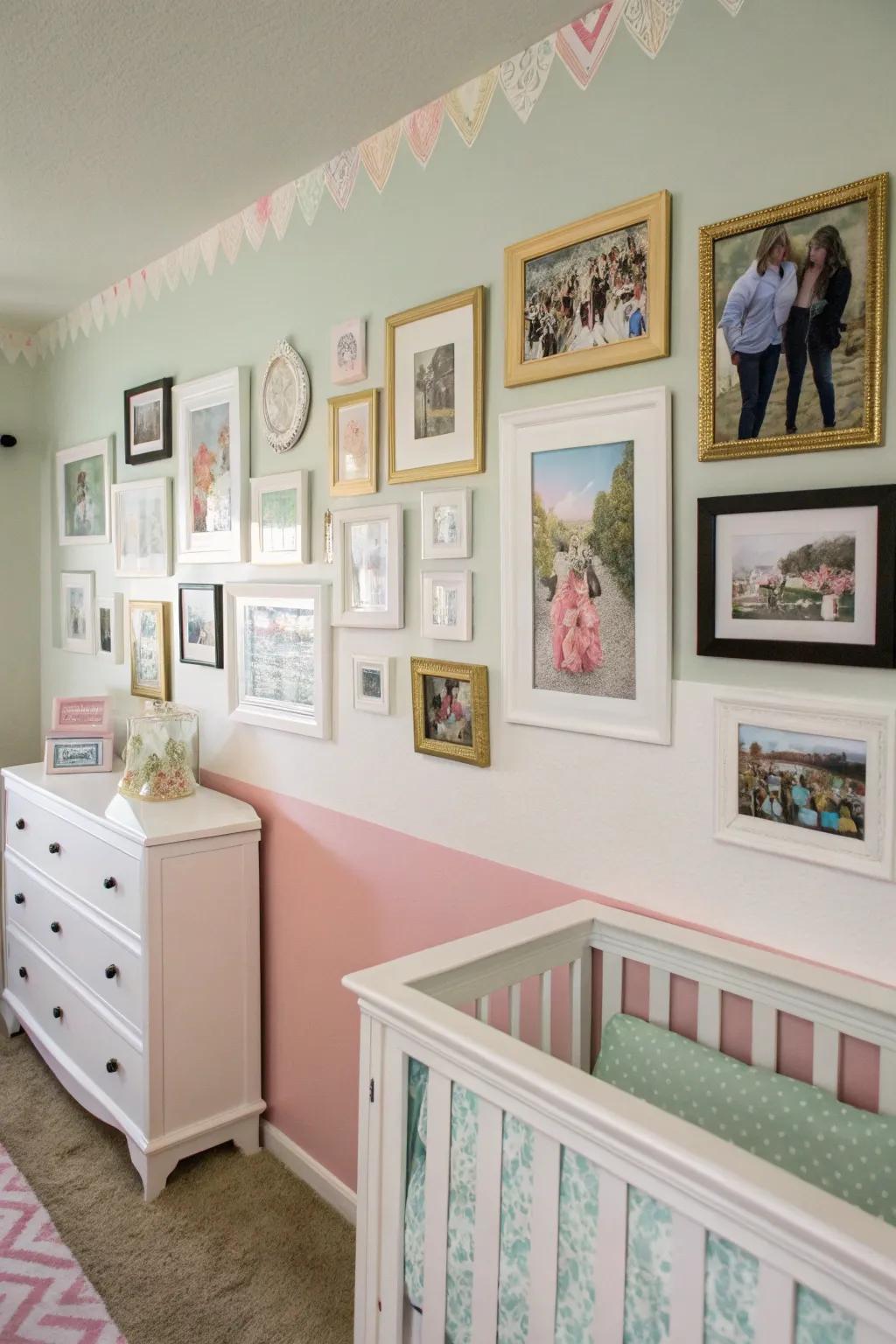 A wall of pictures showcases cherished memories and decorations.