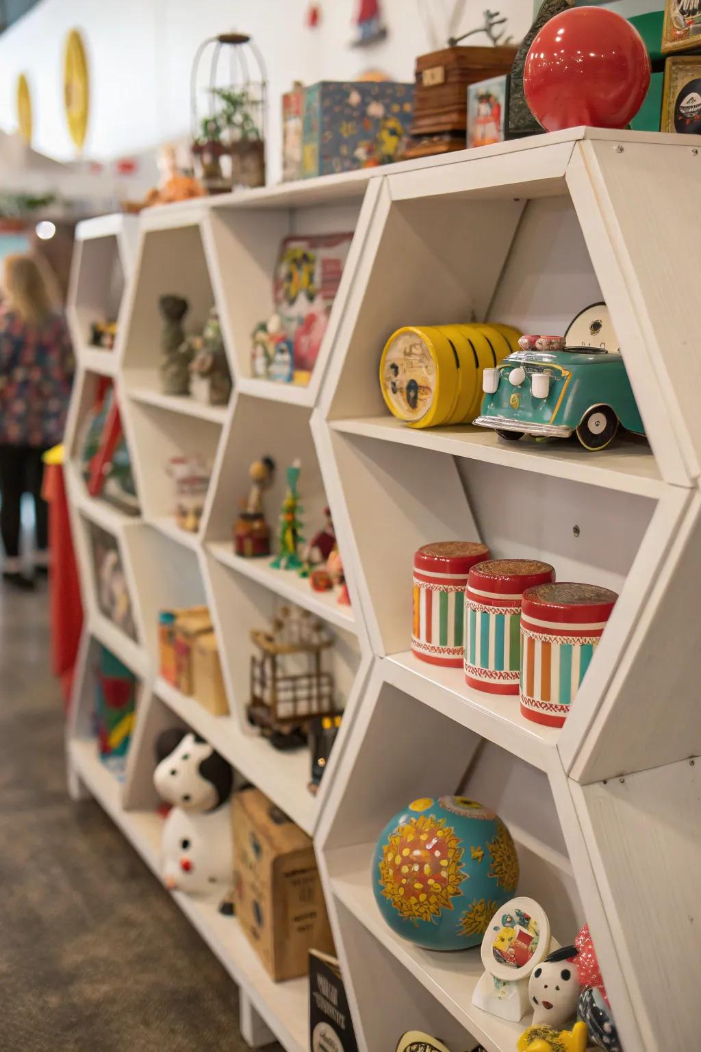 Whimsical items craft a playful atmosphere on octagon ledges.