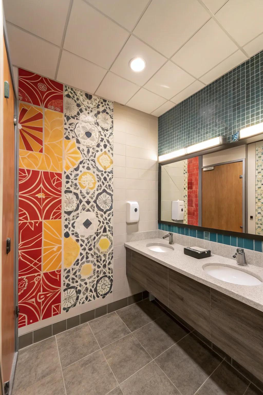 Artistic tile work adds a stunning visual focal point to the office bathroom.