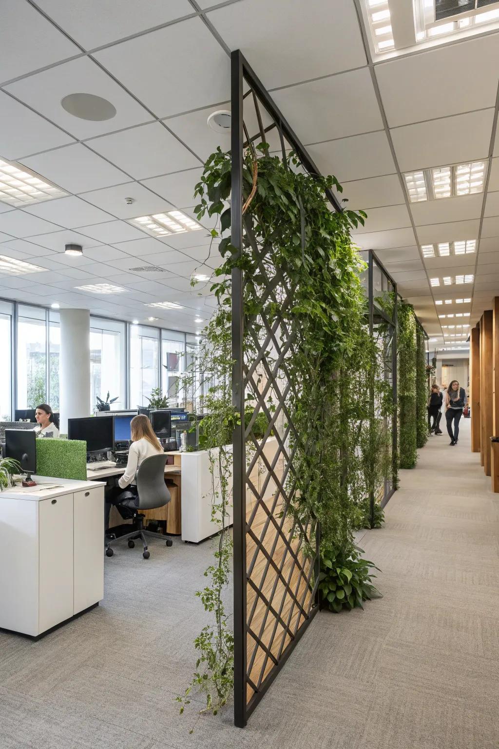 Ceiling-to-floor frameworks append texture and height to office spaces.