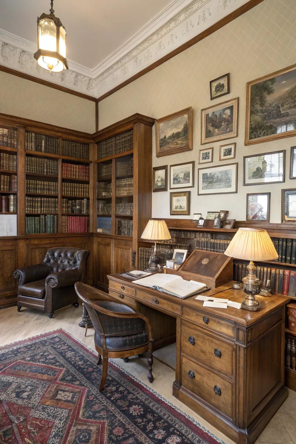 A vintage-themed reading room carries you to another time with its antique decor.