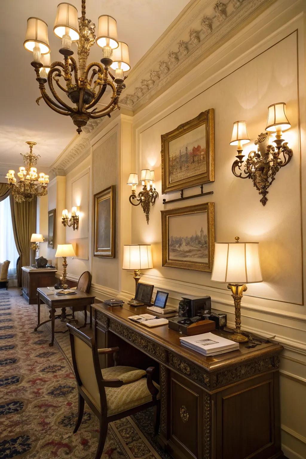 Conventional sconces adding timeless beauty to the office.