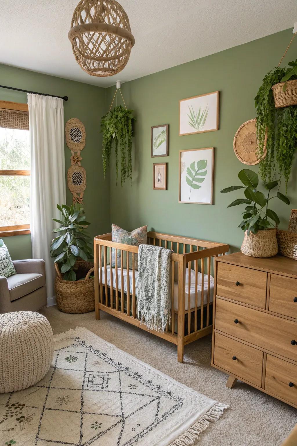 A comforting nursery setting accentuated by serene olive green walls.