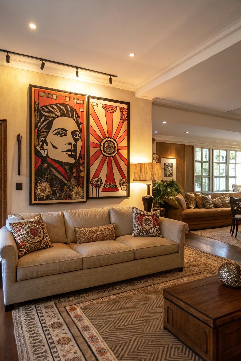 Large art creates a stunning key point in the living room.