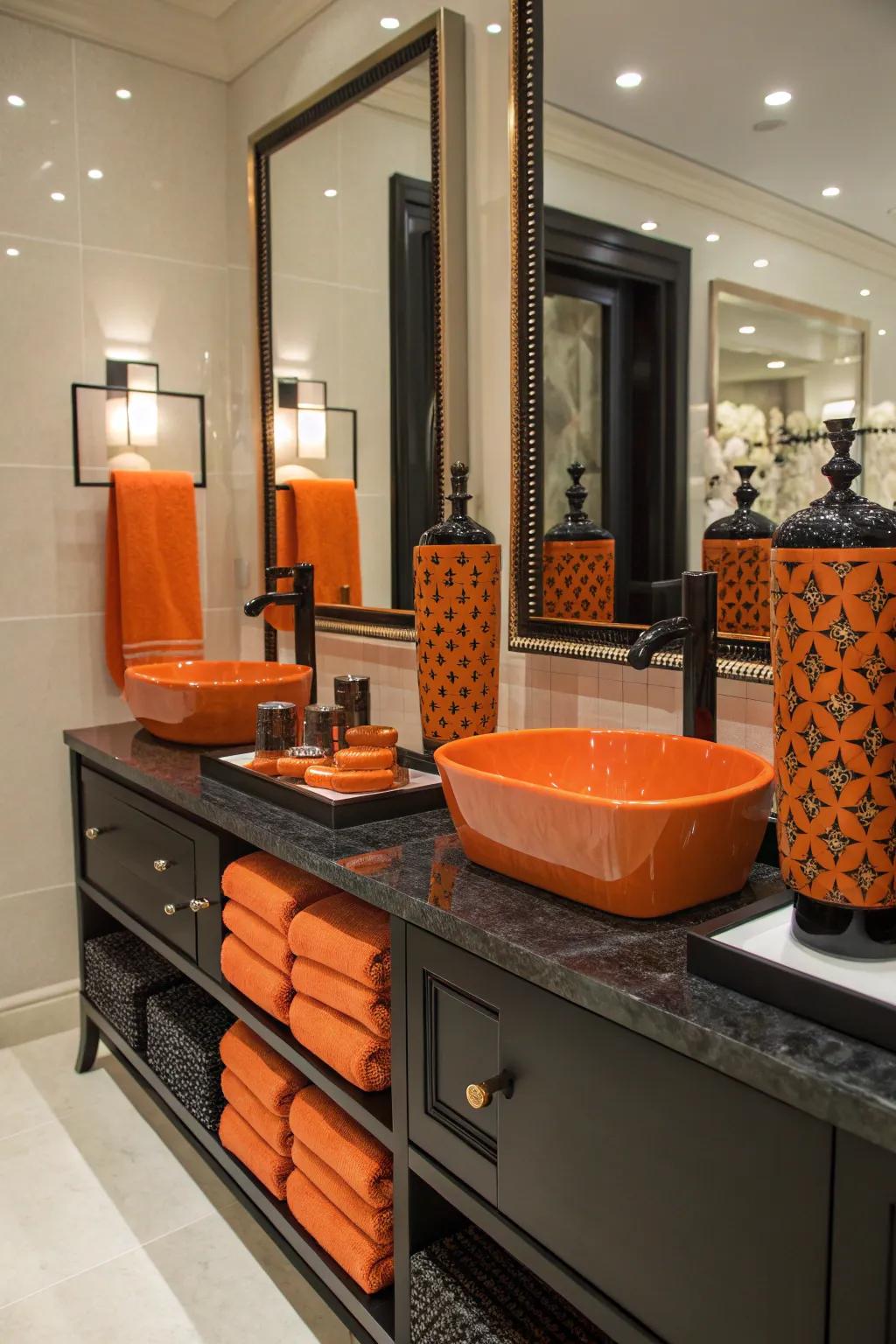 Orange and black elements contribute to the bathroom's sophistication.