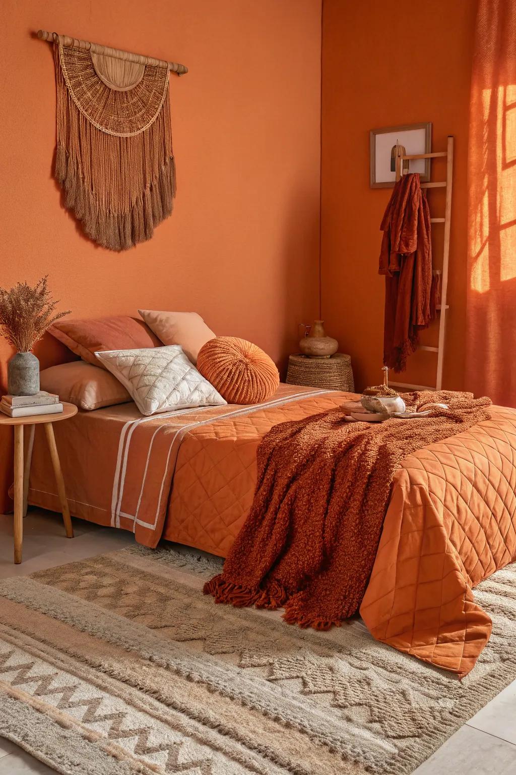 Layered textures engender an atmosphere perceived as both rich as well as inviting exhibiting walls painted orange.