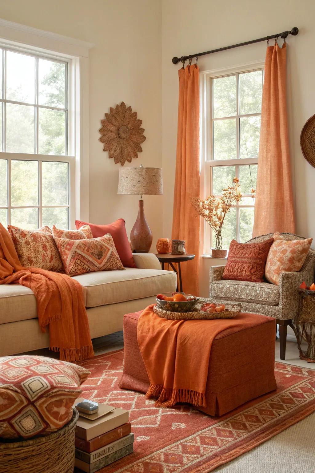 Different shades of orange create depth and dynamism in the living room.