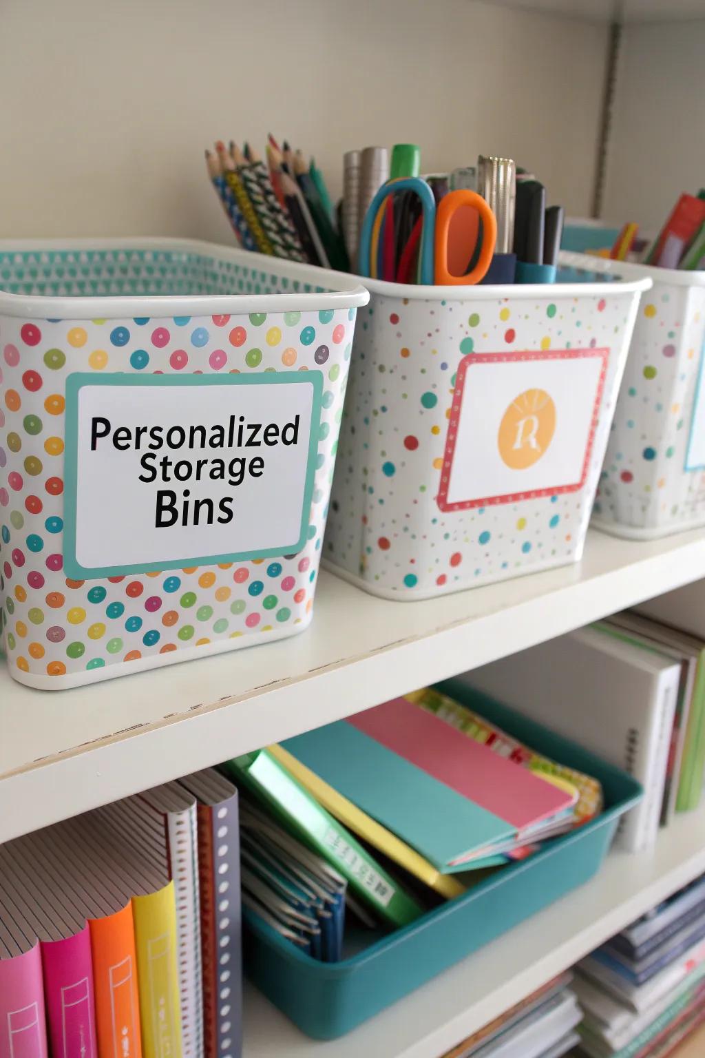 Personalized bins add a personal flair to organization.