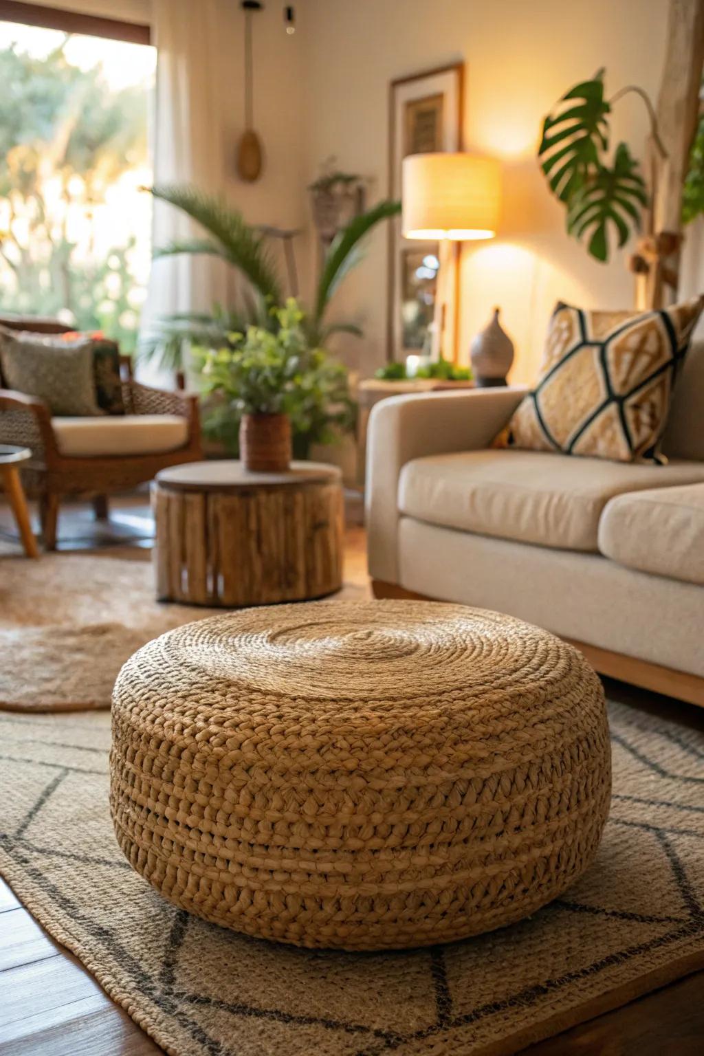 An eco-friendly ottoman that enhances the room's natural appeal.