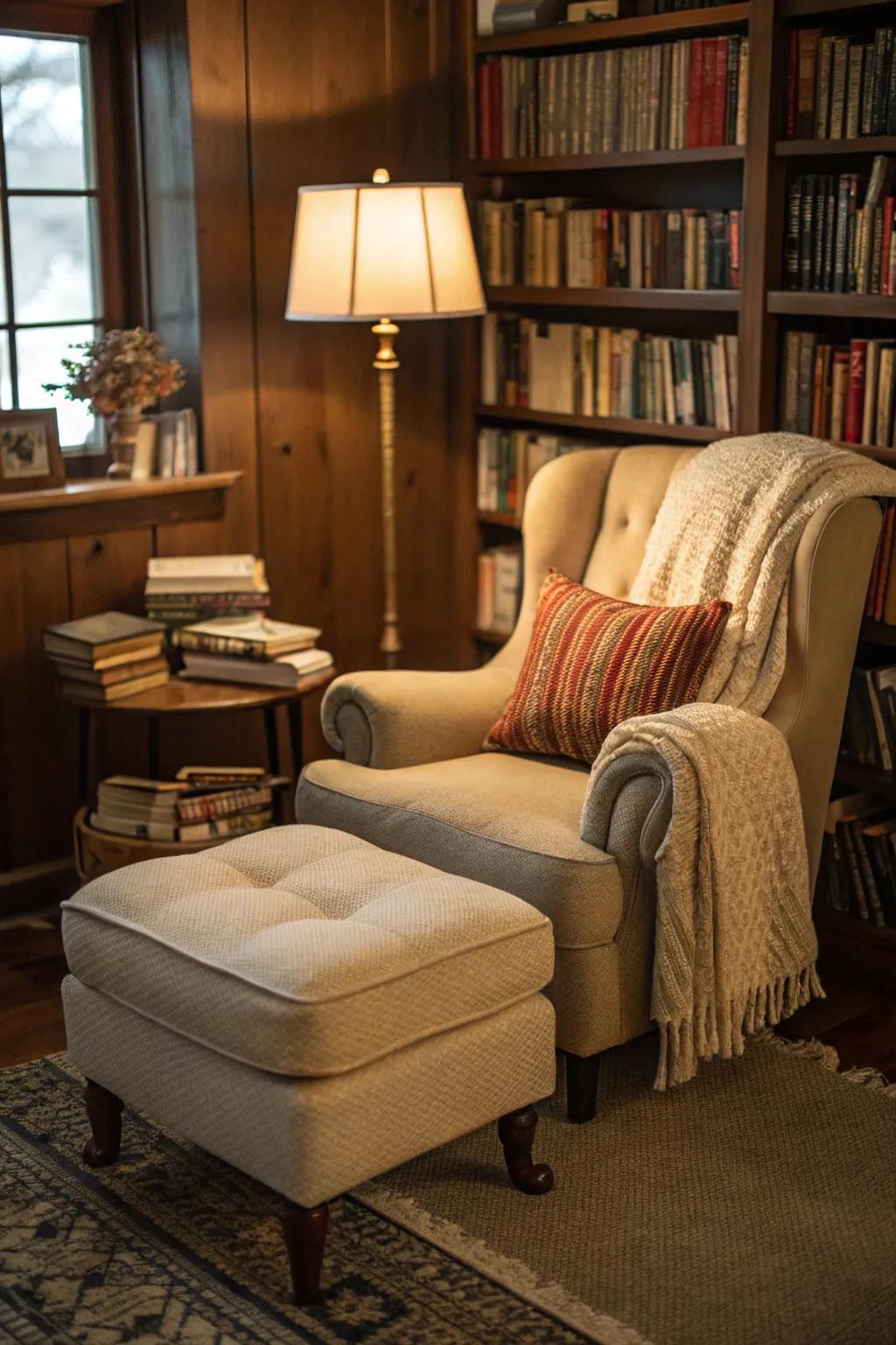 A comfy ottoman perfect for a reading alcove
