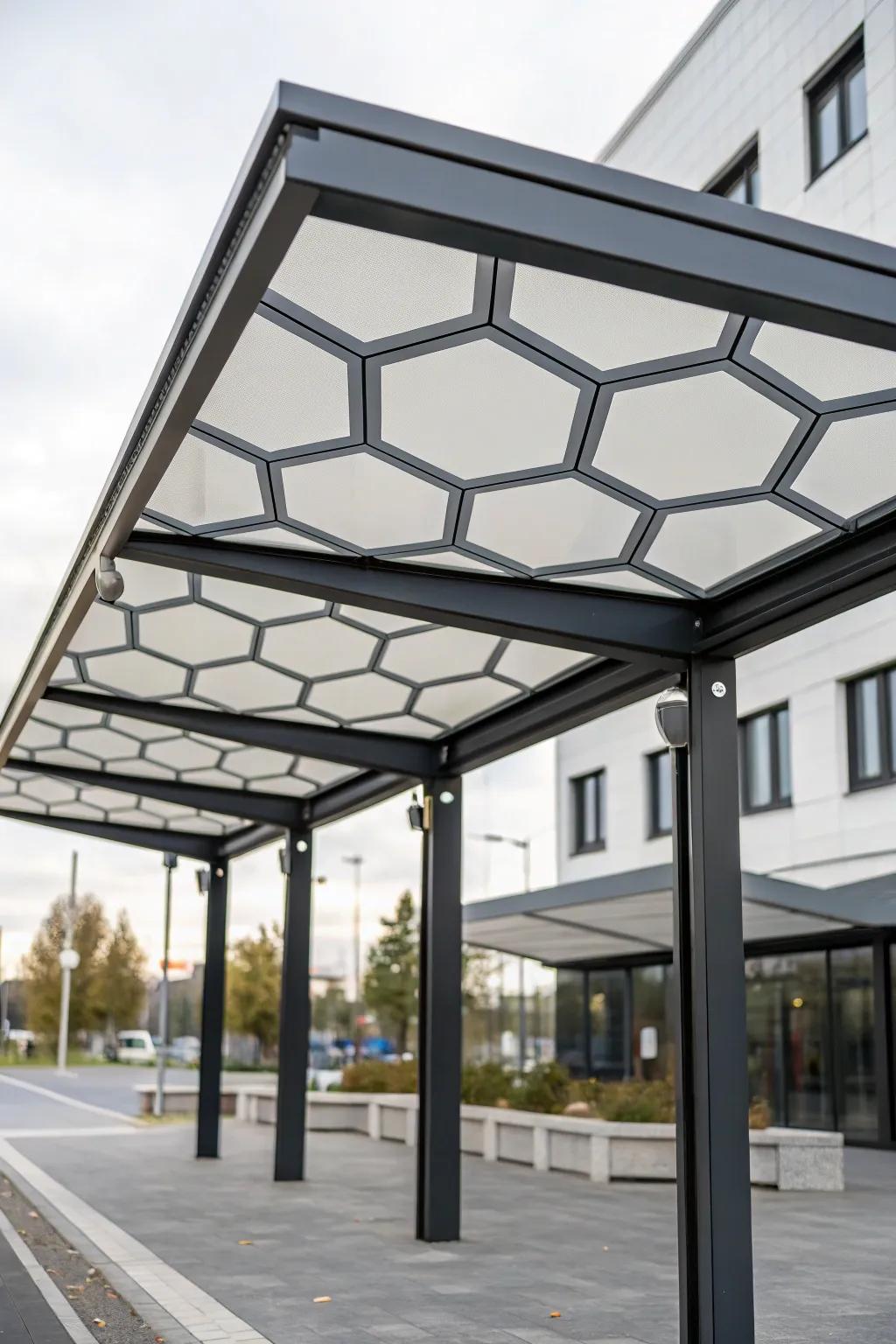 Hexagonal canopy offers a unique geometric design for your garden.
