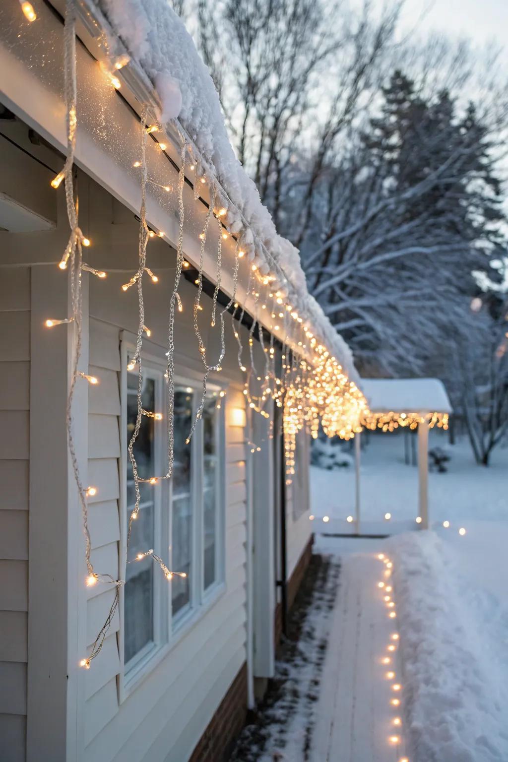 Dangling lights along the roofline bring a classic winter feel.