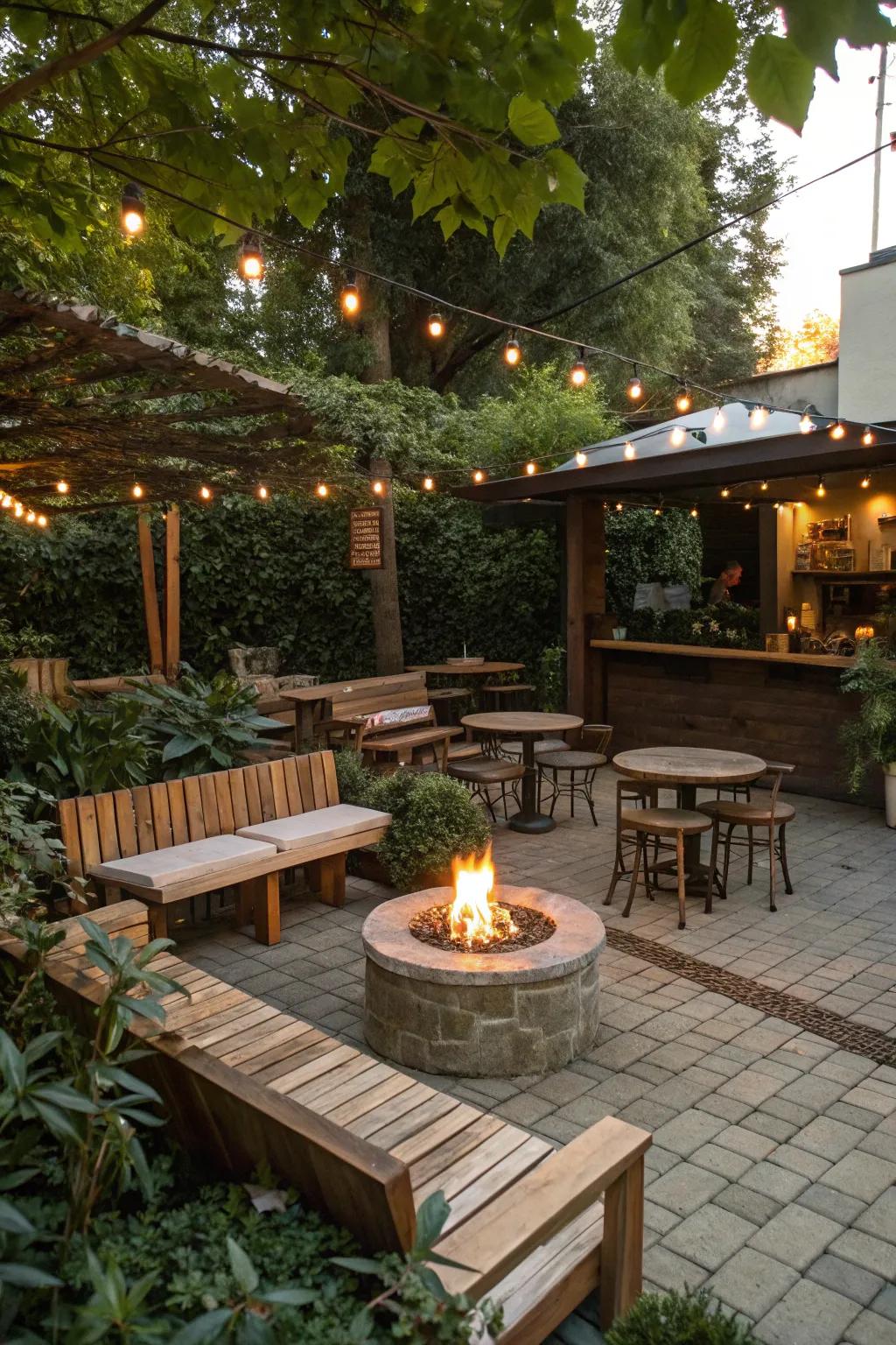 A cozy coffee bar featuring a nearby fire pit for warmth and ambiance.