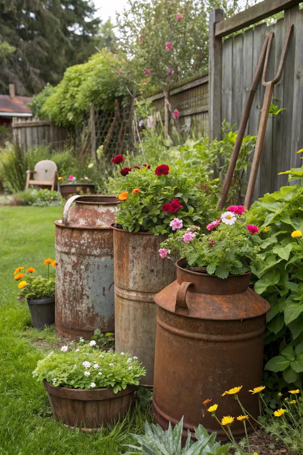 Vintage containers adding a nostalgic charm to the garden setting.