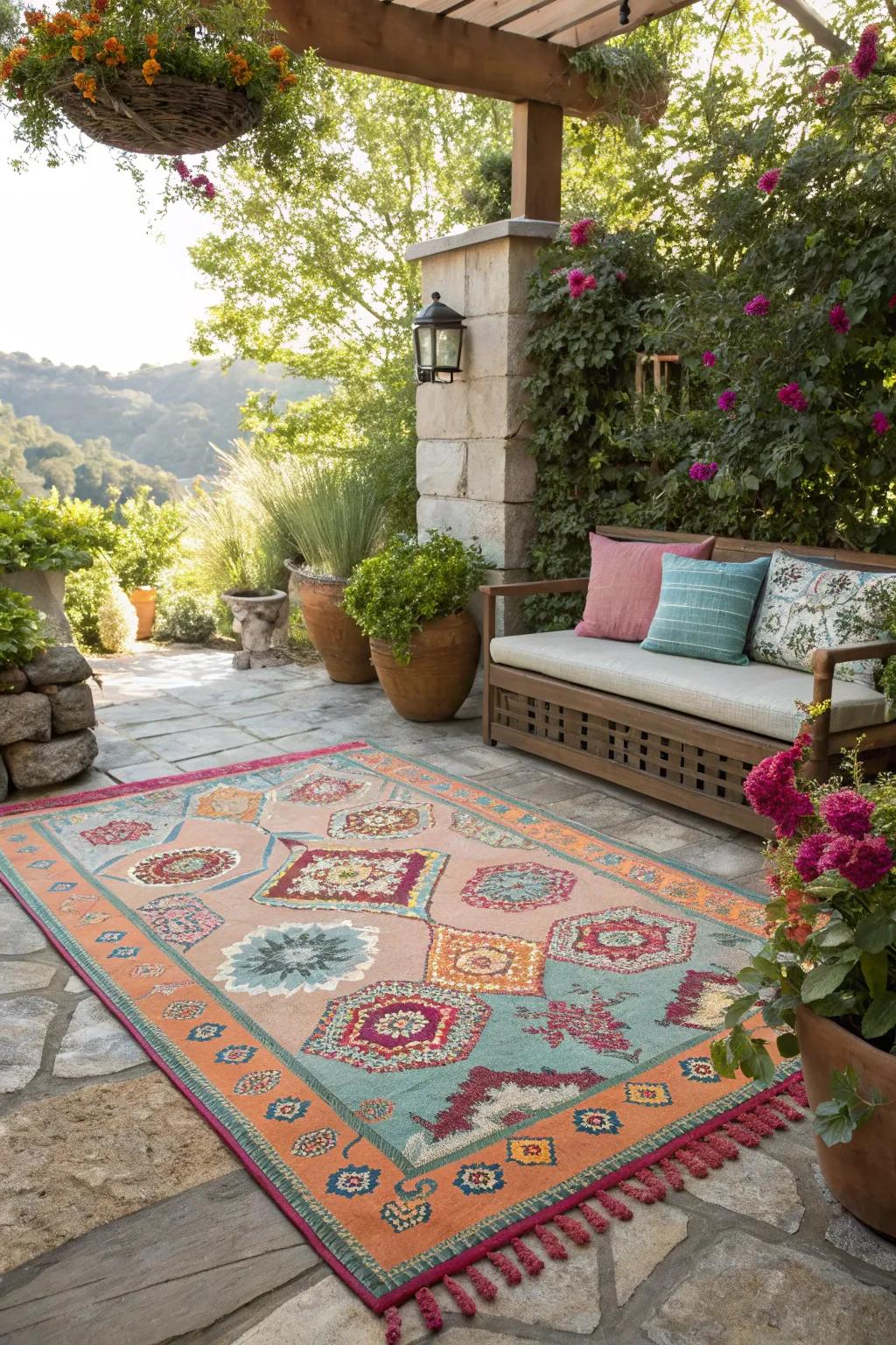 An outdoor carpet injecting texture and delineating the space.