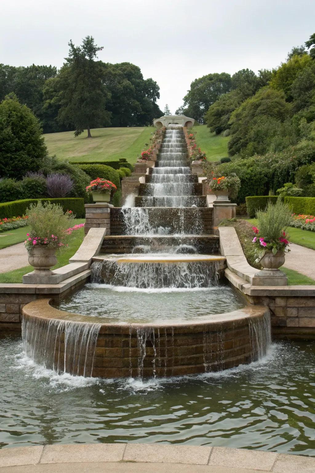 Multi-level waterfall fountains build a dramatic garden element.