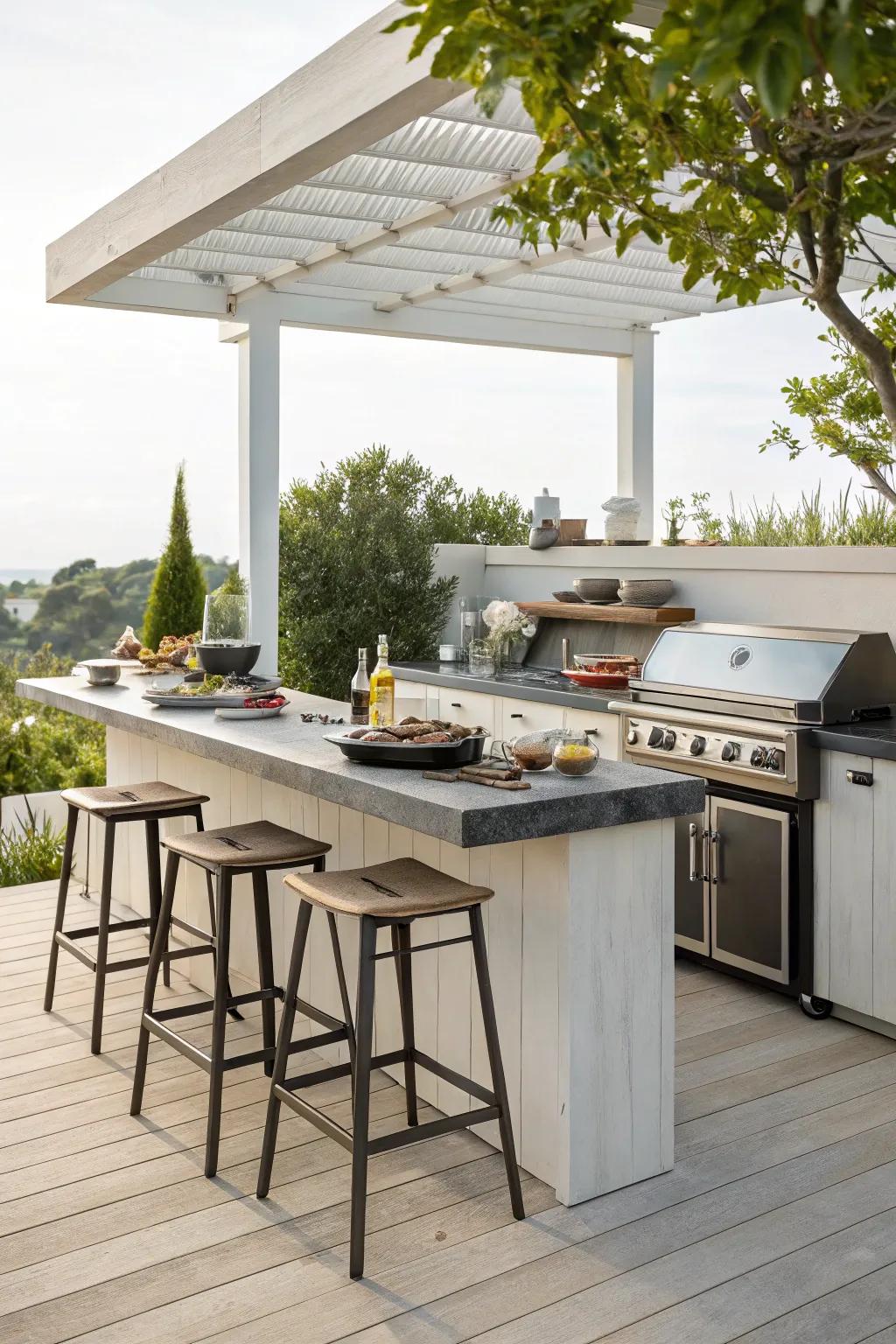 A welcoming cooking station with a dedicated bar area and high stools.