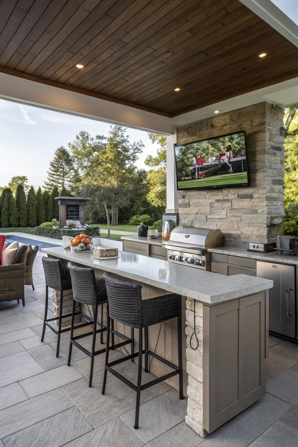 An outdoor kitchen bar showcasing a TV for added entertainment.