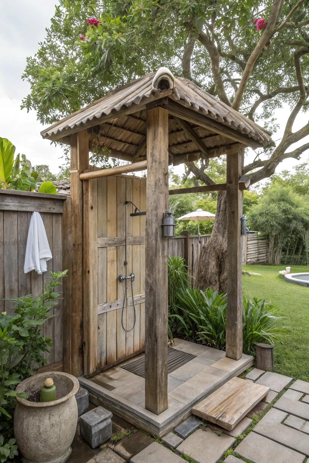 Bestow woodland sophistication upon your shower using repurposed lumber.