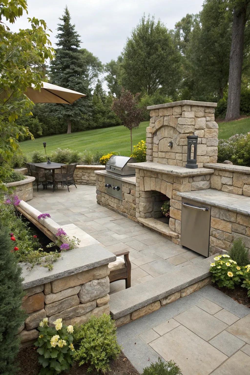 Integrated seating around your BBQ crafts a welcoming space for gatherings.