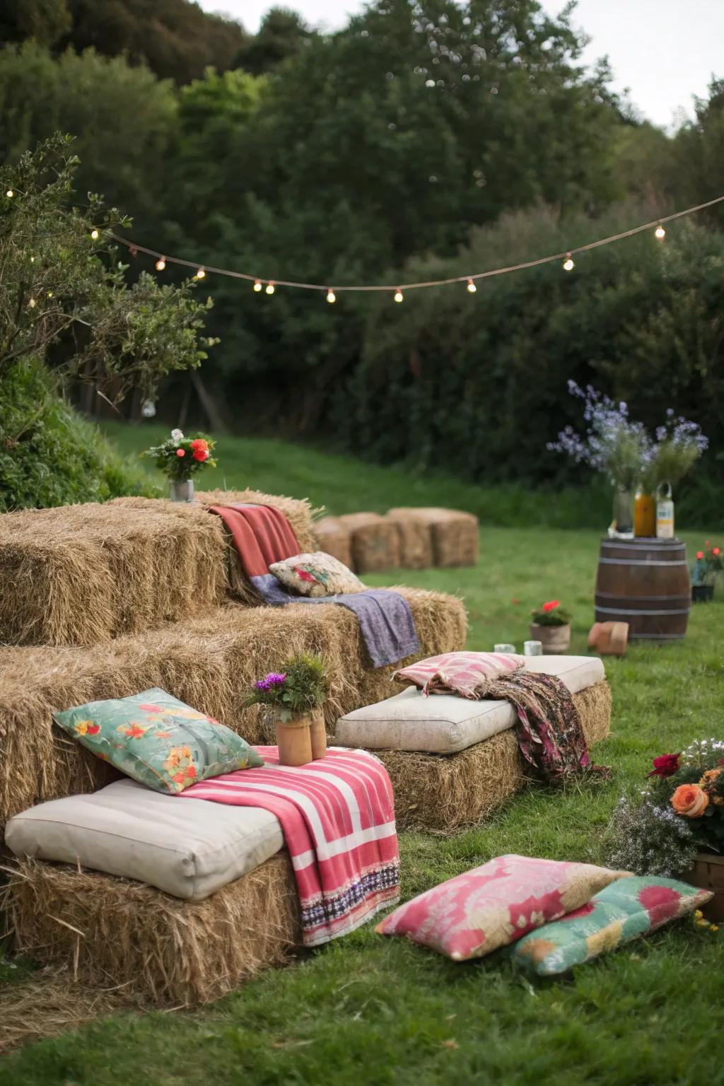 Hay bundle seating brings country charm and comfort to your outdoor setting.