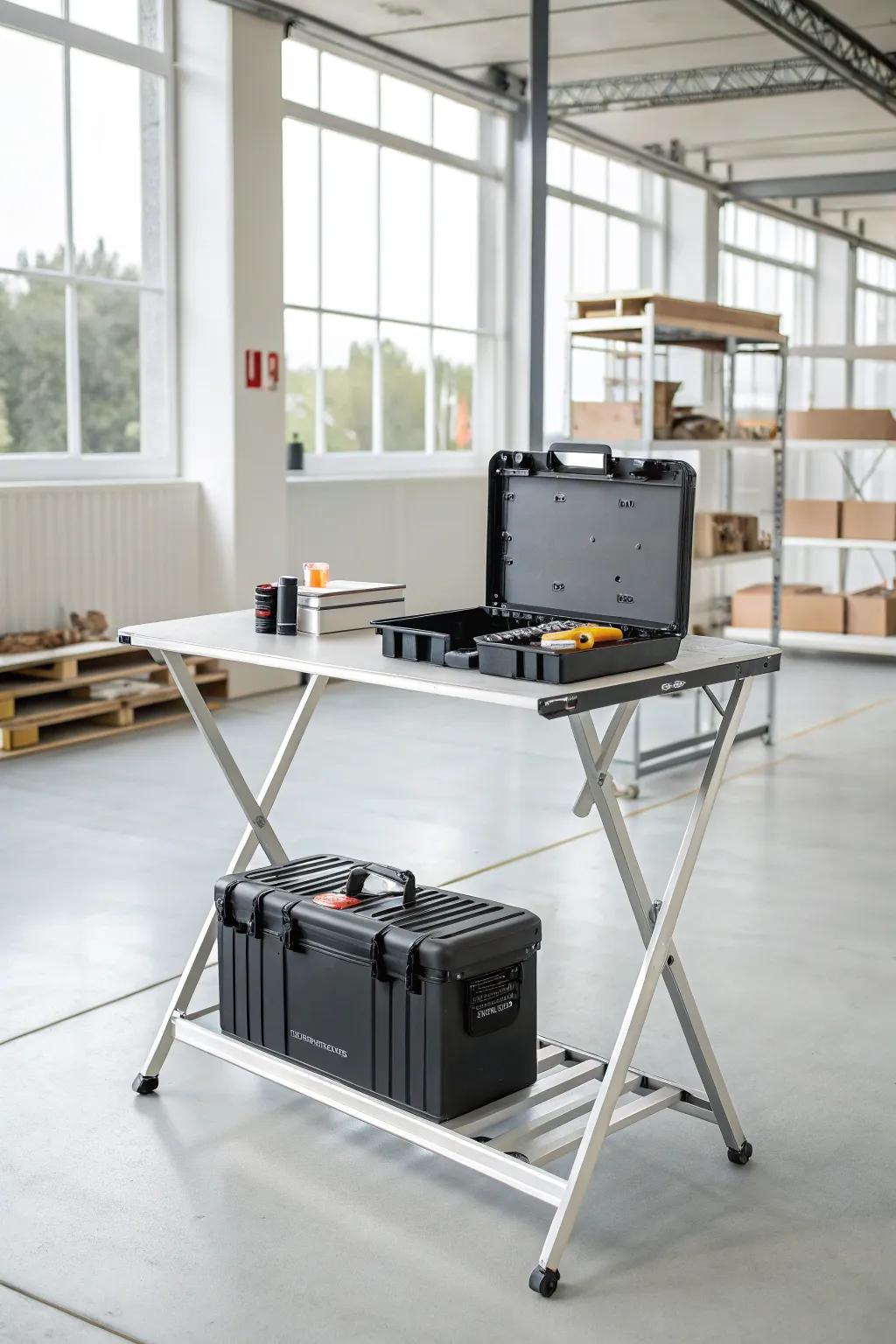 A workbench that folds away provides flexibility and saves space.