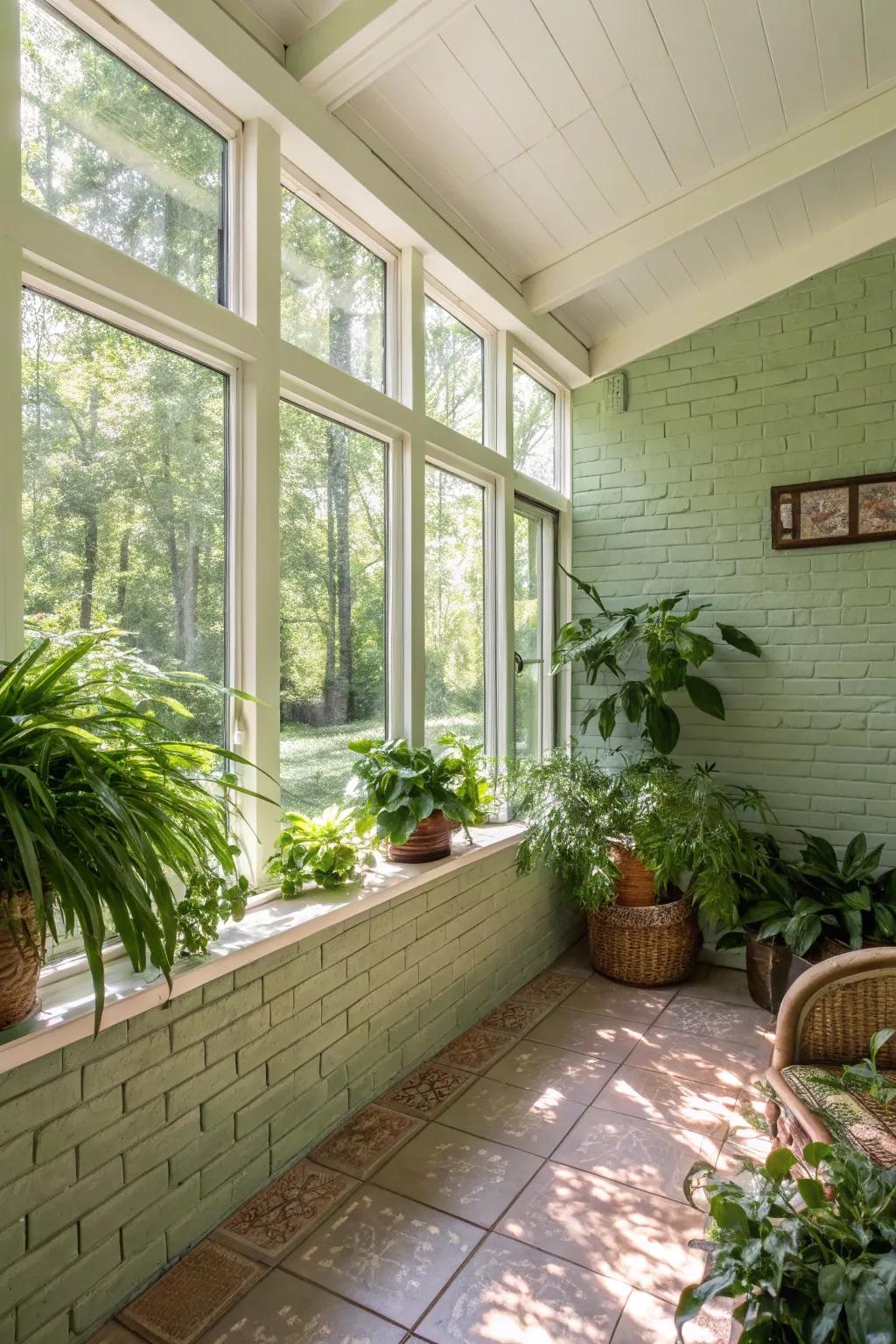 A sunroom that bridges the indoors and outdoors with a soft verdant brick wall.